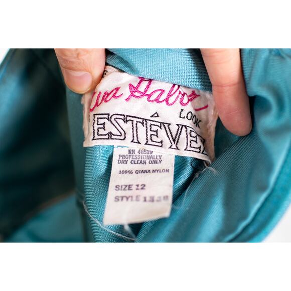 Vintage 70s Aqua Maxi Dress, Eva Gabor by Estevez Formal Evening Gown Retro Med - Picture 8 of 12